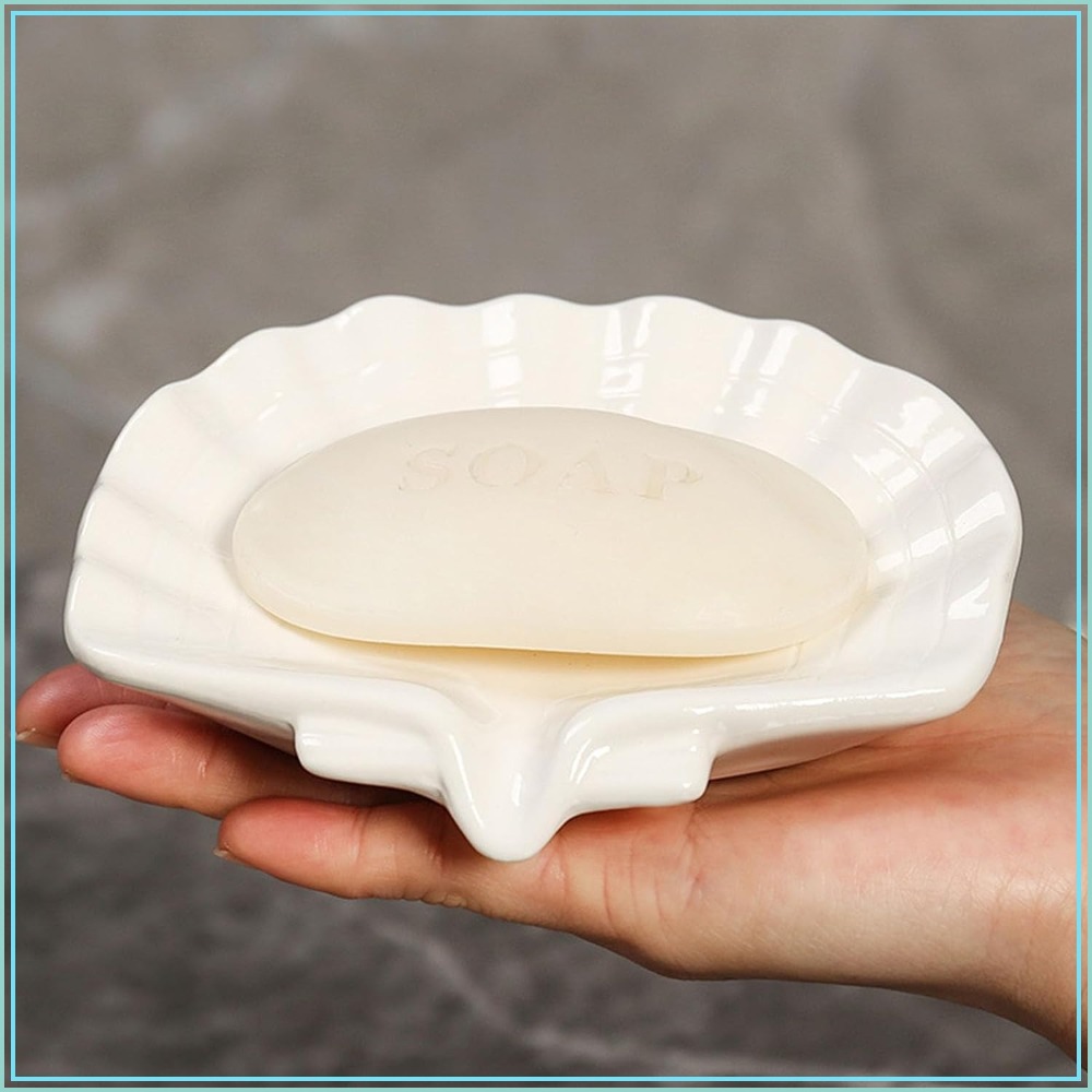 Soap Dish Draining - Ceramic Soap Holder, Sea-Shell Soap Tray